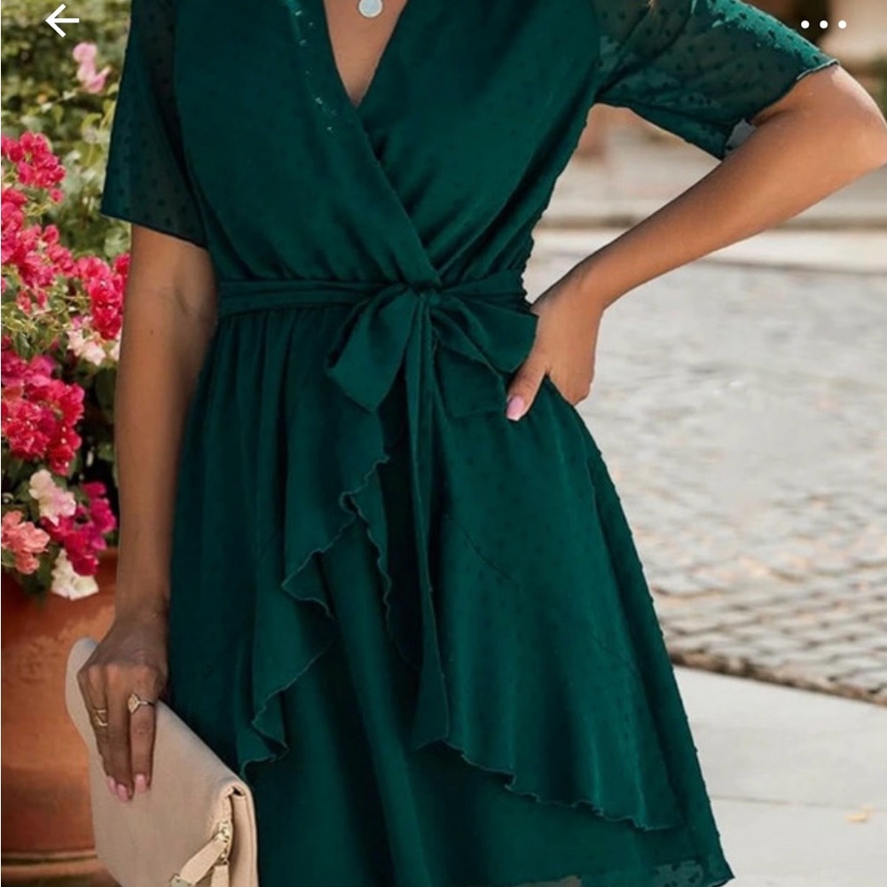 Women's Green Wrap Ruffle Dress